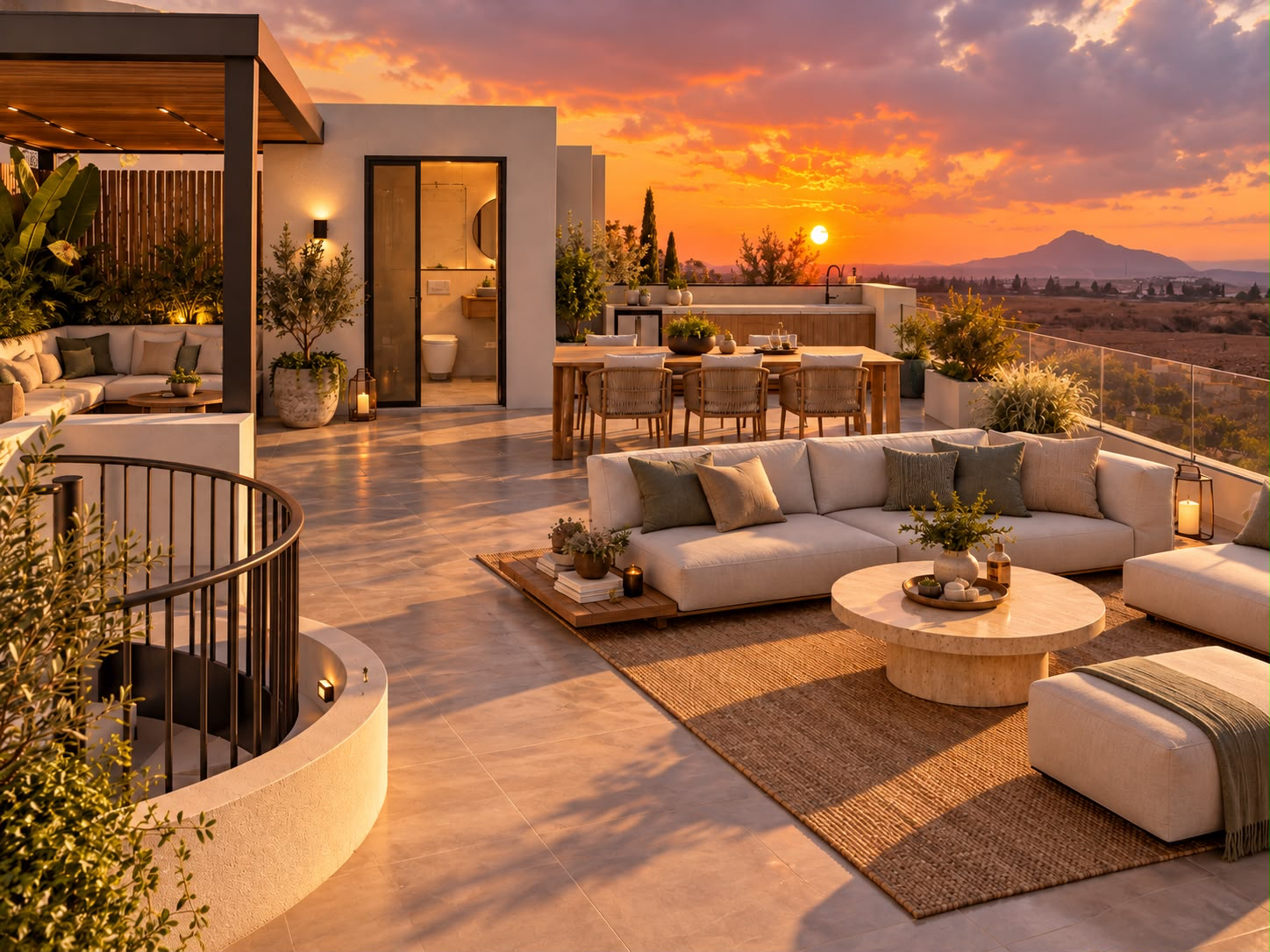 Roof-garden terrace at sunset